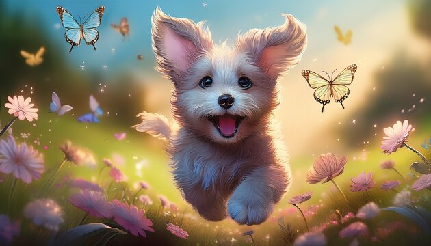 A cute, scruffy puppy with floppy ears playfully chasing magical butterflies in a vibrant, fantasy meadow, surrounded by colorful flowers and soft, glowing light.