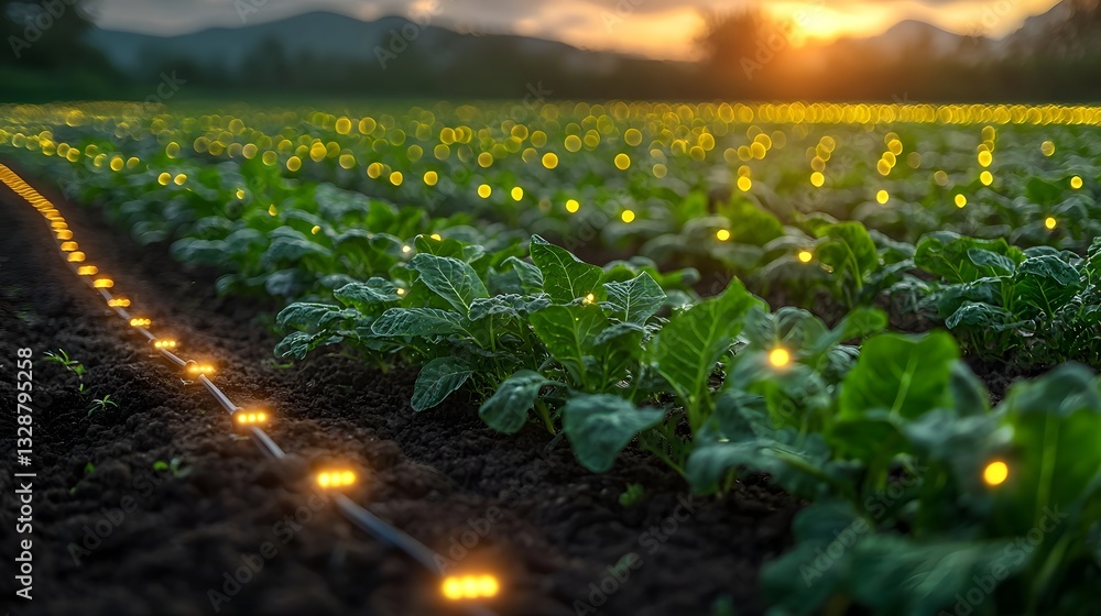 Poster smart grid powered high tech farm with glowing sensors and efficient agricultural technology
