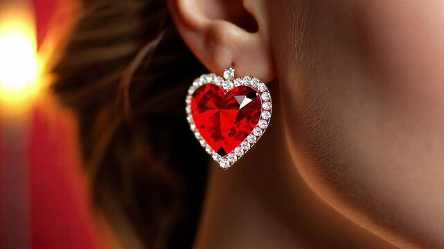 Close-up of Elegant Red Heart-Shaped Earring with Sparkling Diamonds Set in Beautiful Jewelry for Fashion and Accessory Enthusiasts