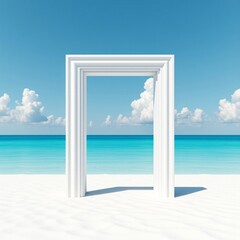 Minimalist White Door Frame on Endless Beach, 3D Render, Conceptual Minimalism, Vaporwave, 4K, Freedom, Possibility, Copy Space