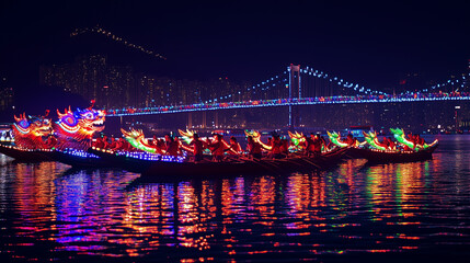 Fototapeta premium dragon boats decorated with colorful LED lights at night, silhouettes of boats and rowers reflected in the calm glowing water, Hong Kong bridge with city lights sparkle, Ai generated images