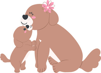 Mother's Day Puppy kisses mother's cheek cartoon illustration in flat design with love and warmth