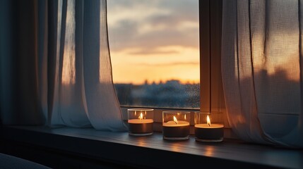 Window with three lit candles on a windowsill. the window is open and the curtains are drawn, allowing natural light to enter the room.