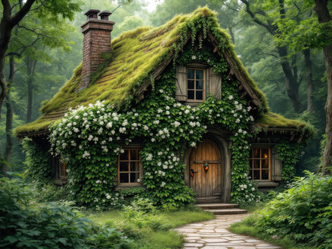 An old wooden house overgrown with plants and a house in the forest