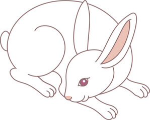 Crouching white bunny illustration. Easter rabbit cartoon character.