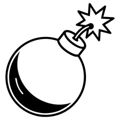 Bomb Icon Vector - Explosive Round Bomb with Lit Fuse - Black and White Outline Design