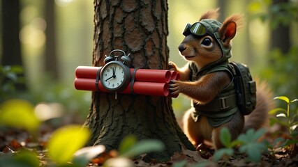 Fototapeta premium Squirrel with Dynamite and Alarm Clock in the Forest