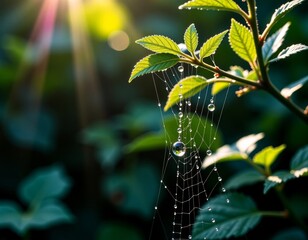 Perfect dewdrop on spiderweb, photorealistic 8K nature detail, golden hour soft light, rule of thirds composition, serenity, vaporwave background