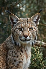 Obraz premium A Lynx pardinus in his habitat. Exotic tourism. Spain and Portugal wildlife. Cultural heritage. Peaceful unique ecosystem. 