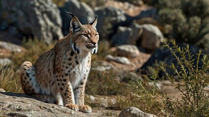 Obraz premium A Lynx pardinus in his habitat. Exotic tourism. Spain and Portugal wildlife. Cultural heritage. Peaceful unique ecosystem. 
