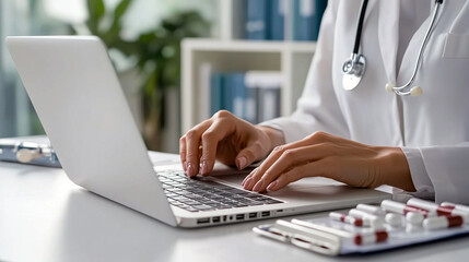Médico escribiendo en un ordenador portátil en su consultorio con estetoscopio y documentos médicos

