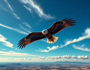 Fototapeta premium Eagle Ascends in Tranquil Sky, Photorealistic Nature 8K, Freedom Vaporwave Aerial Soaring