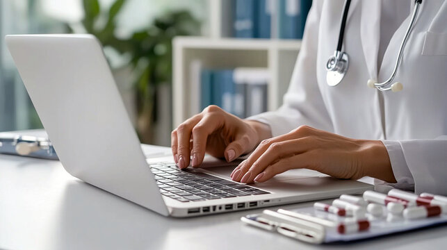 M&eacute;dico escribiendo en un ordenador port&aacute;til en su consultorio con estetoscopio y documentos m&eacute;dicos

