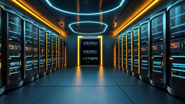 Futuristic Data Center with Glowing Lights and Modern Server Racks in a High-Tech Environment for Technology and IT Innovation