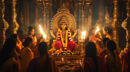 Goddess Sita statue adorned with jasmine and marigold garlands sitting on a golden throne inside the temple, Ai generated images