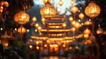 Illuminated lanterns create serene atmosphere during spiritual c