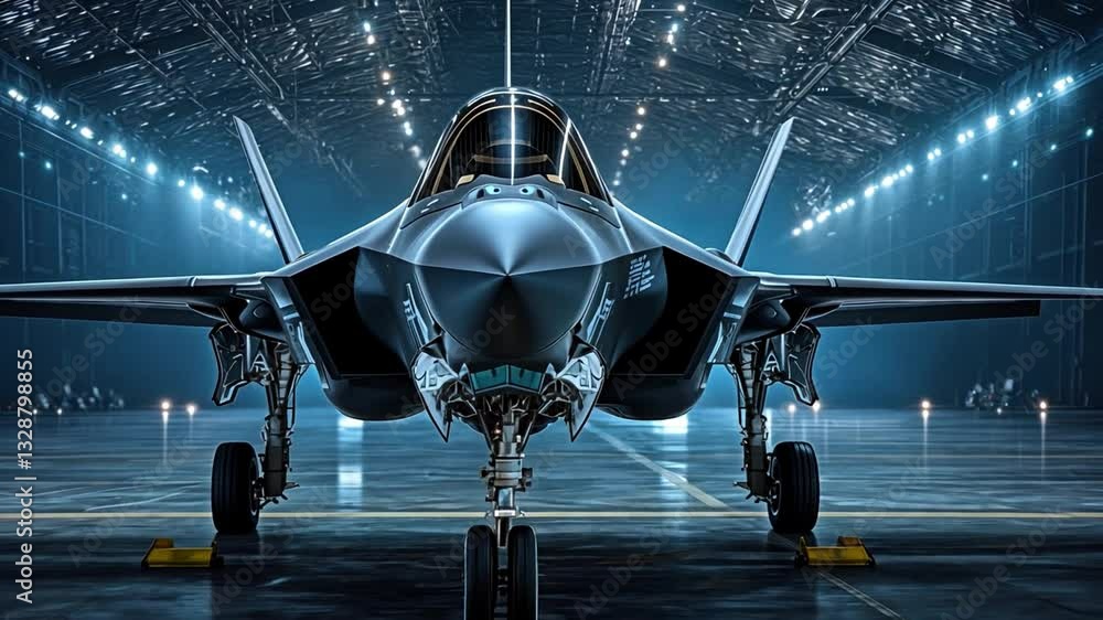 Poster futuristic fighter jet displaying advanced features in dimly lit hangar with glowing lights and refl