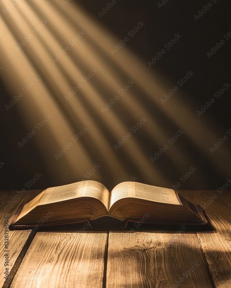 Poster light shining on open book with wooden table in dark environment