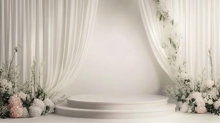 Elegant white stage decorated with floral arrangements and draped curtains