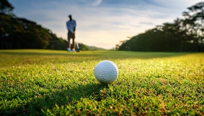 Striking close-up of a golf ball on lush green grass, with a blurred golfer in the background, creating a perfect shot composition. Emphasizes focus and depth of field