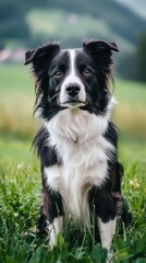 Fototapeta premium Beautiful Border Collie Sitting in Lush Green Grass Outdoors