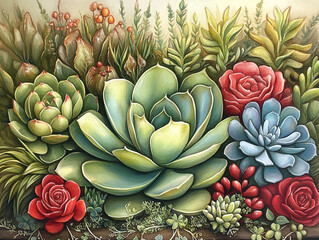 vibrant watercolor painting of succulents with intricate details and vivid colors