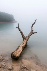 Serene Misty Lake Scene with a Weathered Driftwood Log on the Shoreline in a Calm Environment