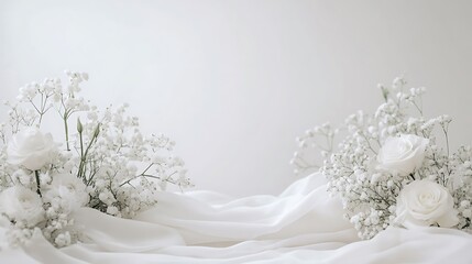 Fototapeta premium White roses and babys breath elegantly arranged on white fabric