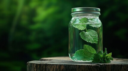 Glass jar with a metal lid sitting on top of a wooden stump. the jar is filled with water and has a sprig of fresh mint leaves floating on top.