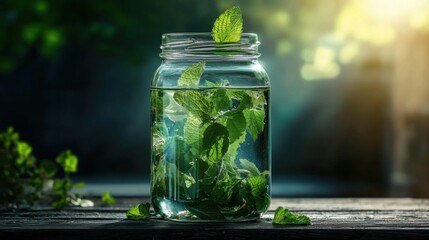 Glass jar filled with water and fresh mint leaves. the jar is placed on a wooden surface with a blurred background of greenery. the water is clear and the mint leaves are a vibrant green color.