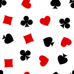 Symbols of playing card suits on white. Signs and symbols. Seamless background for fabrics, textiles, packaging and wallpaper. Vector illustration
