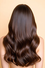 Naklejka premium Long, wavy brown hair viewed from behind against a pale background