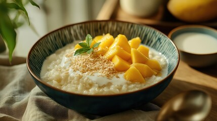 Creamy Coconut Rice Pudding with Fresh Mango, Coconut Flakes, and Mint for a Tropical Dessert Experience