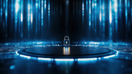 glowing digital padlock in futuristic environment symbolizes security and technology