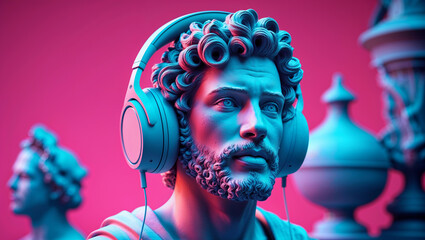 Classical bust wearing headphones listening to music in neon light