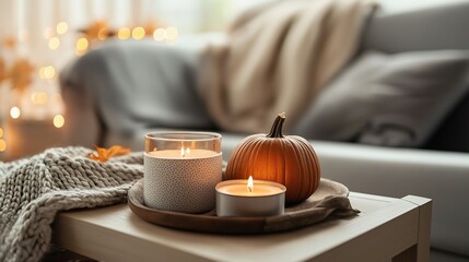 Cozy living room scene with a gray sofa in the background. on the coffee table in front of the sofa, there is a wooden tray with two white candles on it.