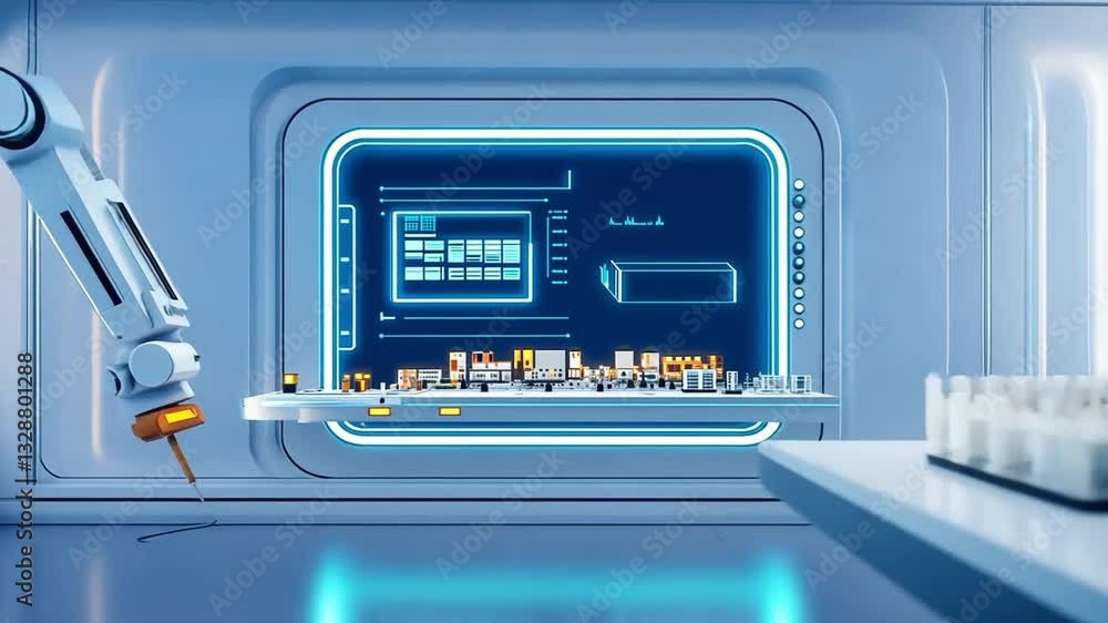 Poster advanced robotic arm in high-tech laboratory setting with futuristic interface and tools for automat