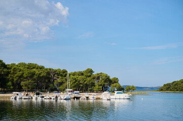 Fototapeta premium Several fishing boats are anchored in a calm harbor with trees lining the shore under a bright blue sky.