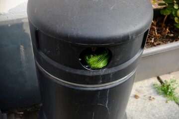 Close up of a black public trash can showing a green plastic bag inside, concept of urban hygiene...