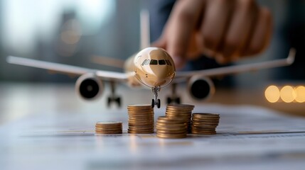 Business concept image of airplane model placed on stacks of coins representing investment in aviation industry