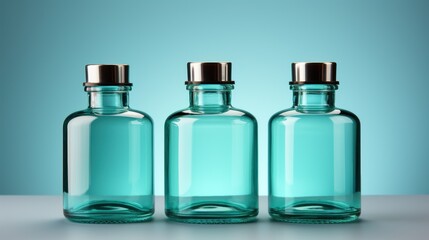 Three bottles of perfume are lined up on a table