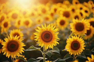 Obraz premium Vibrant Sunflower Field Bathed in Golden Light at Sunset