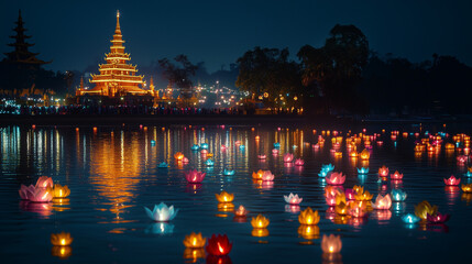 Gangaramaya Vesak Festival, thousands of colorful lanterns floating on Beira Lake in front of Gangaramaya Temple, Ai generated images