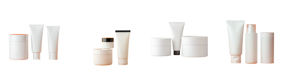 A collection of high end skincare and beauty products including creams lotions and serums showcased in a clean minimalistic arrangement with a focus on their elegant packaging and design