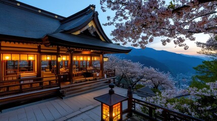 Fototapeta premium Discover Japan's cultural heart with this captivating image of a Majestic mountain shrine hidden among cherry blossoms, showcasing untouched cultural beauty The serene landscape and traditional