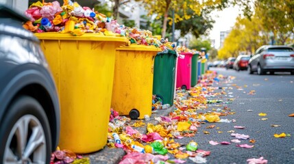 Fototapeta premium Discover images showcasing overflowing recycling bins on the curbside, ready for municipal pickup and processing, capturing the urgency of efficient waste management Explore visual representations of