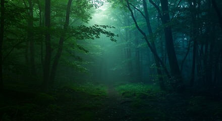 Obraz premium Enigmatic Forest Path: A Mystical Journey Through Verdant Woods
