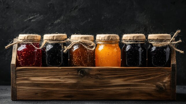 Wooden crate filled with six glass jars of jam. the jars are arranged in a row and each jar has a cork stopper on top.