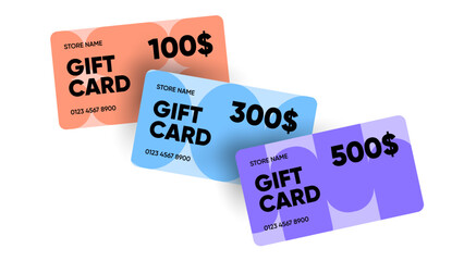 Minimal gift card design vector with 100, 300, 500 and 1000 dollar. Shopping gift card in minimal design.