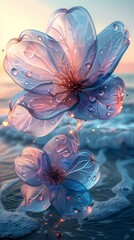 Digital technology Purple and Cyan abstract sea wave and flower poster background